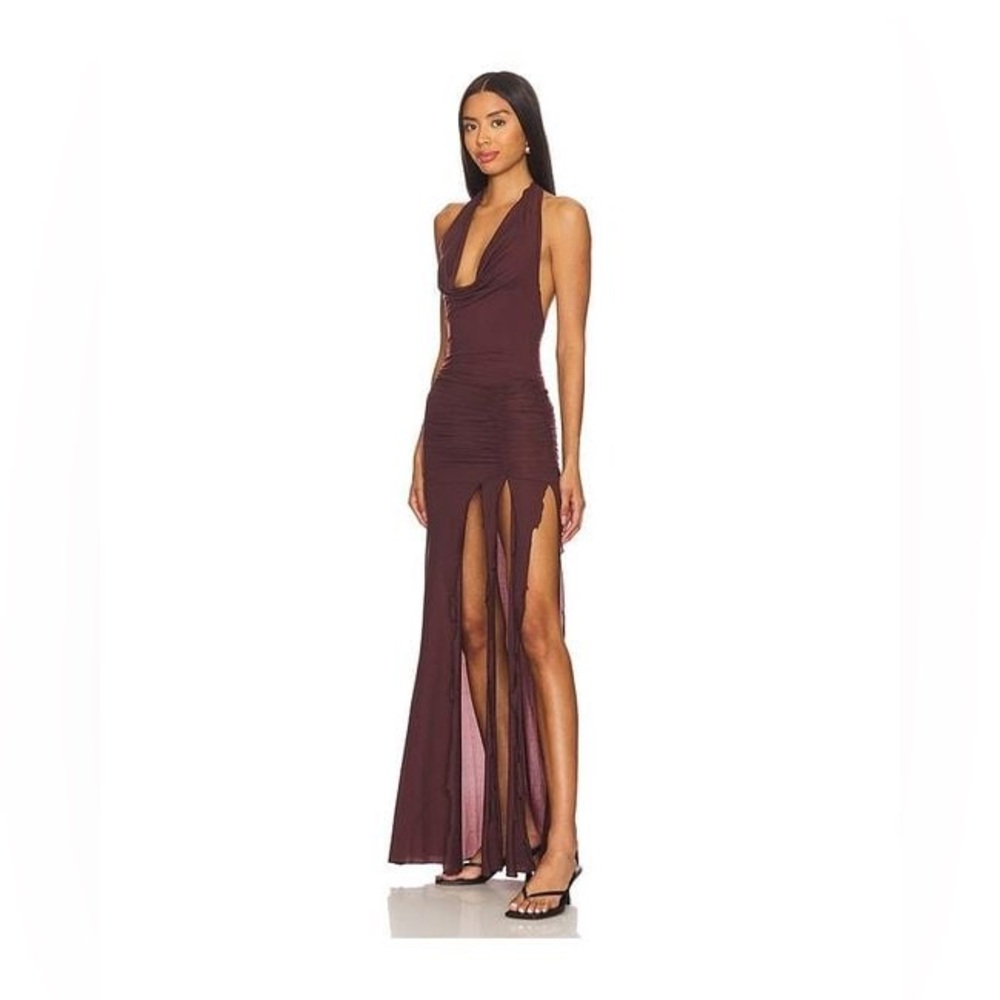 Indah Jlo Mesh Halter Gown in Cacau/ wine